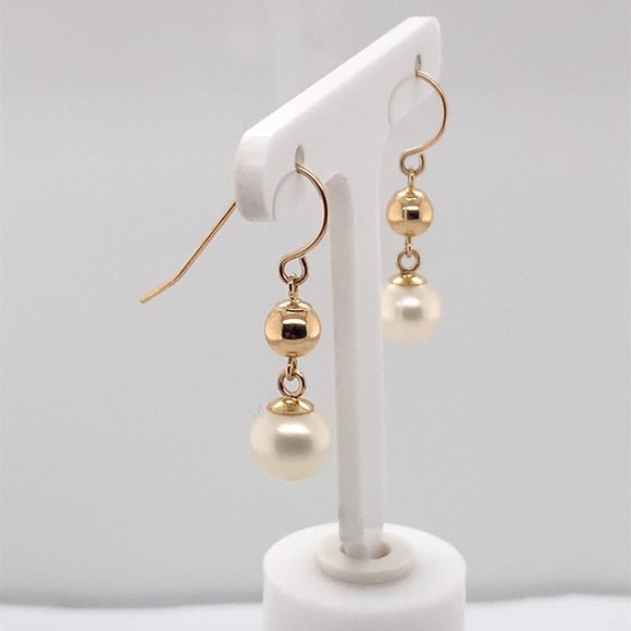 14K Yellow Gold Pearl Dangle Earrings - Picture 3 of 3